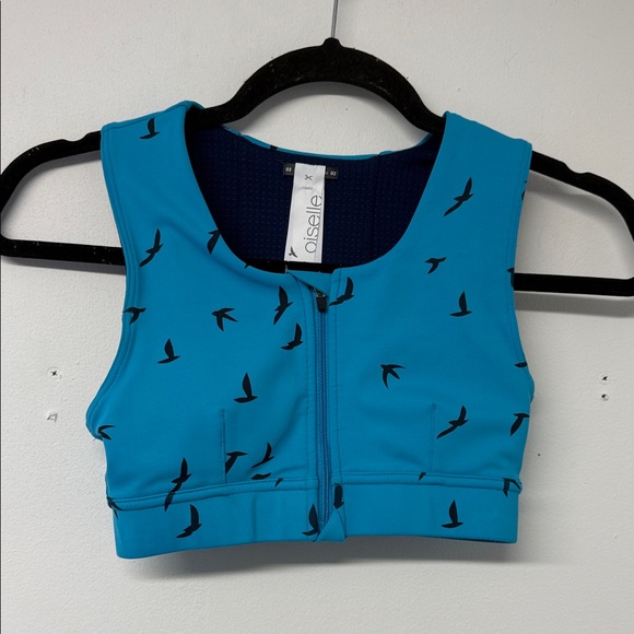 Oiselle Blue Sports Bra with Black Bird Pattern - Picture 1 of 4